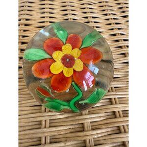 Antique 20's Chinese Lamp Work Orange Flower Art Glass Round Paper Weight